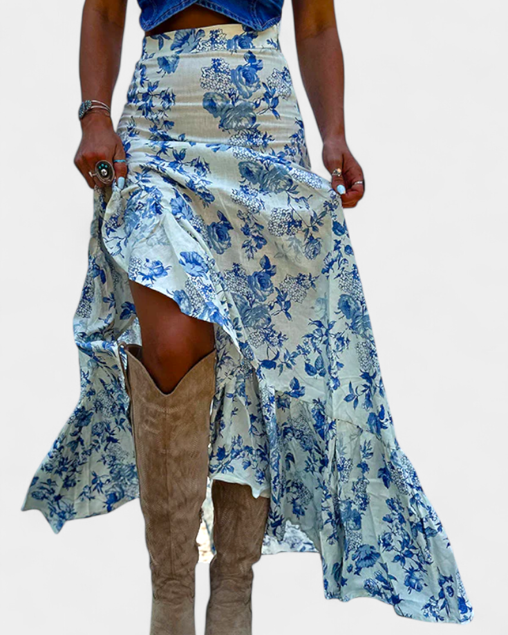 Kala Falda Maxi Floral con Abertura y Volantes