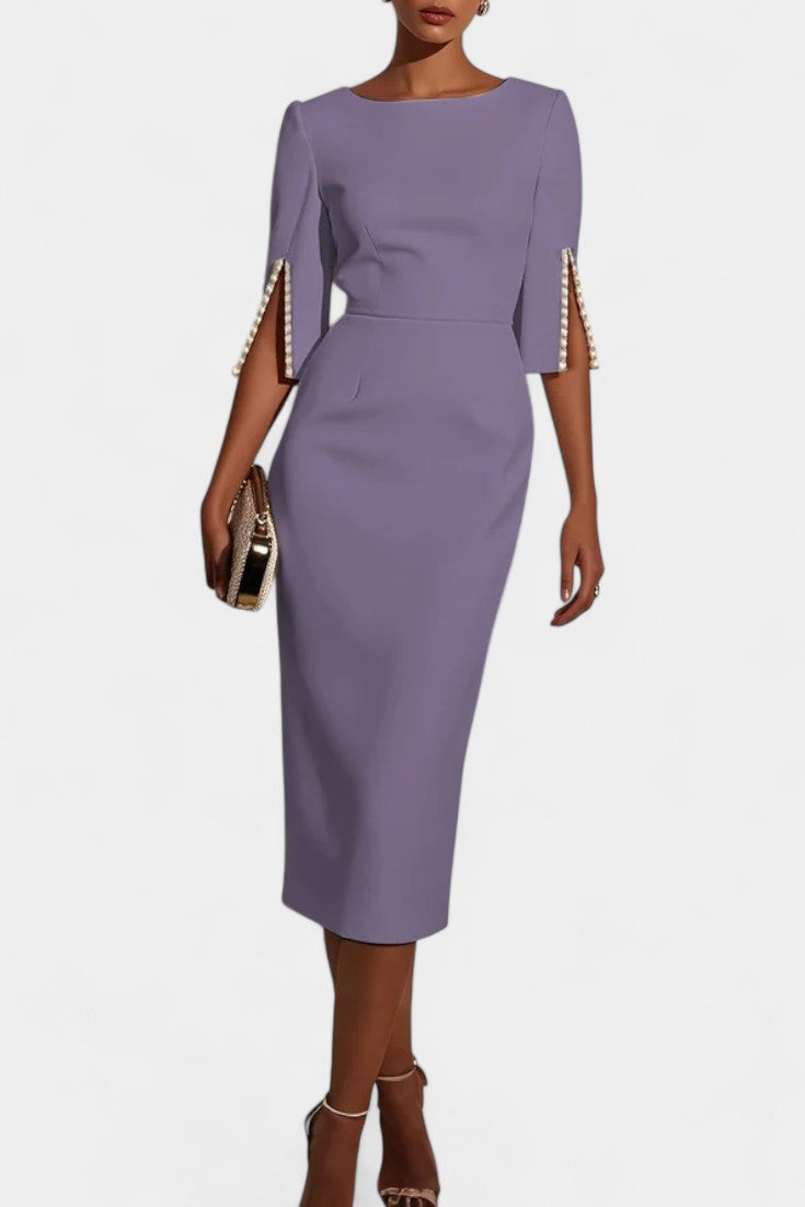 Reece Vestido Midi con Perlas y Cuello Redondo