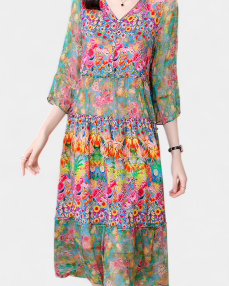 Kate Vestido Midi Vaporoso con Estampado Floral Artístico