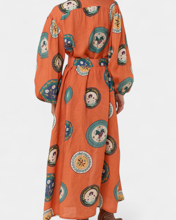 Sibley Vestido Maxi de Lino con Estampado Exclusivo y Cinturón