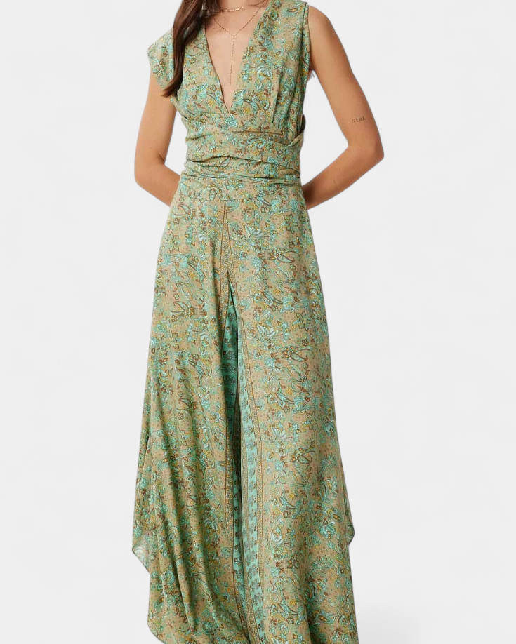 Leandra Mono Fluido Cruzado con Estampado Floral Verde