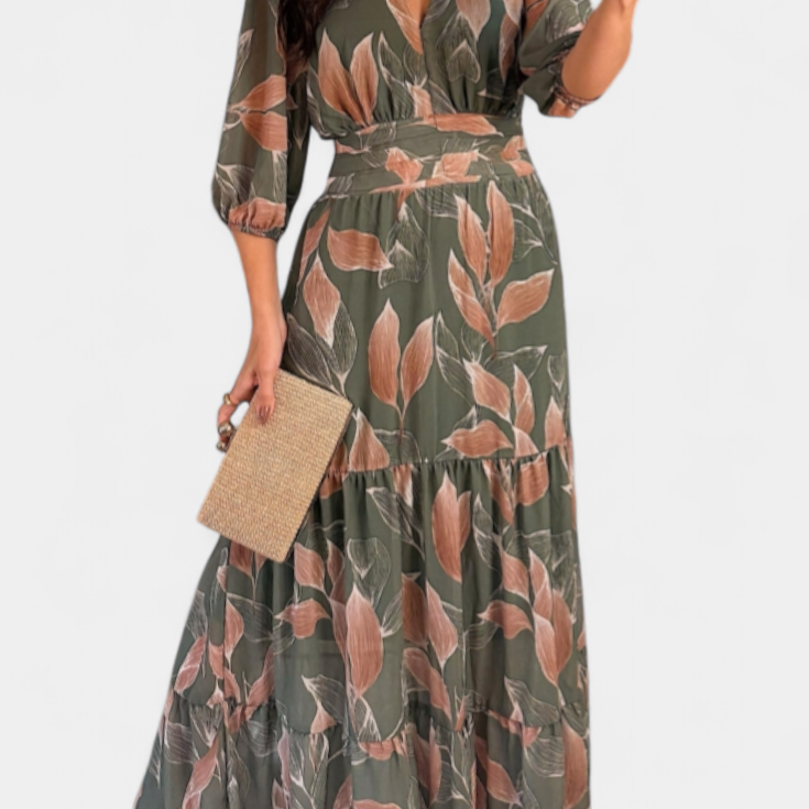 Aísha Vestido Largo Floral con Corte Fluido y Motivo de Hojas