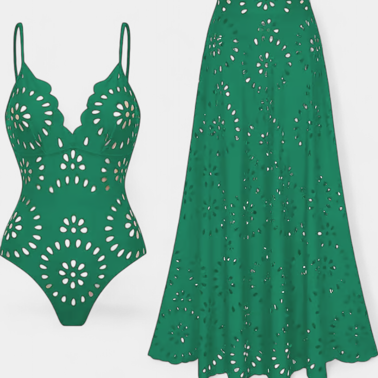 Auhria | Swimsuit con Falda y Detalle Floral Calado