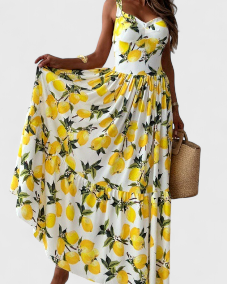 Huda Vestido Maxi Estampado de Limones con Tirantes y Abertura Lateral