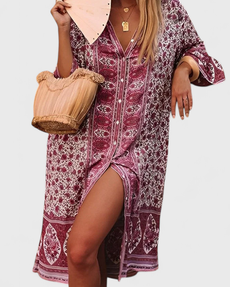 Chinara Vestido Largo Boho con Bordado Étnico y Silueta Relajada