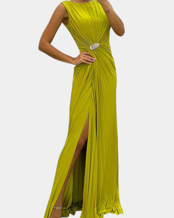 Shiloh | Vestido Maxi Plisado con Abertura Lateral y Escote Cruzado