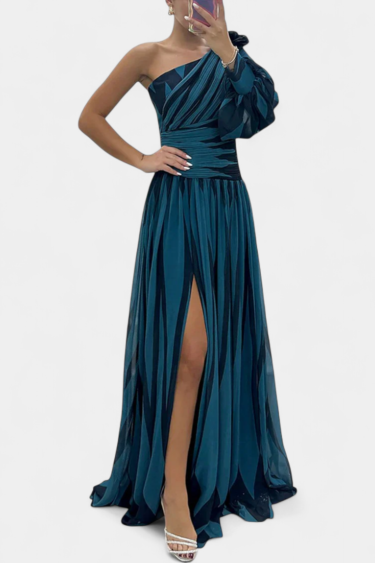 Bethania Vestido Maxí Elegante de Rayas con Un Solo Hombro