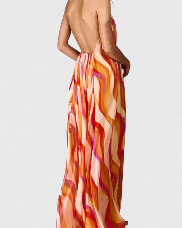 Remi Vestido Maxi Halter con Estampado Ondulado y Trenzado Elegante