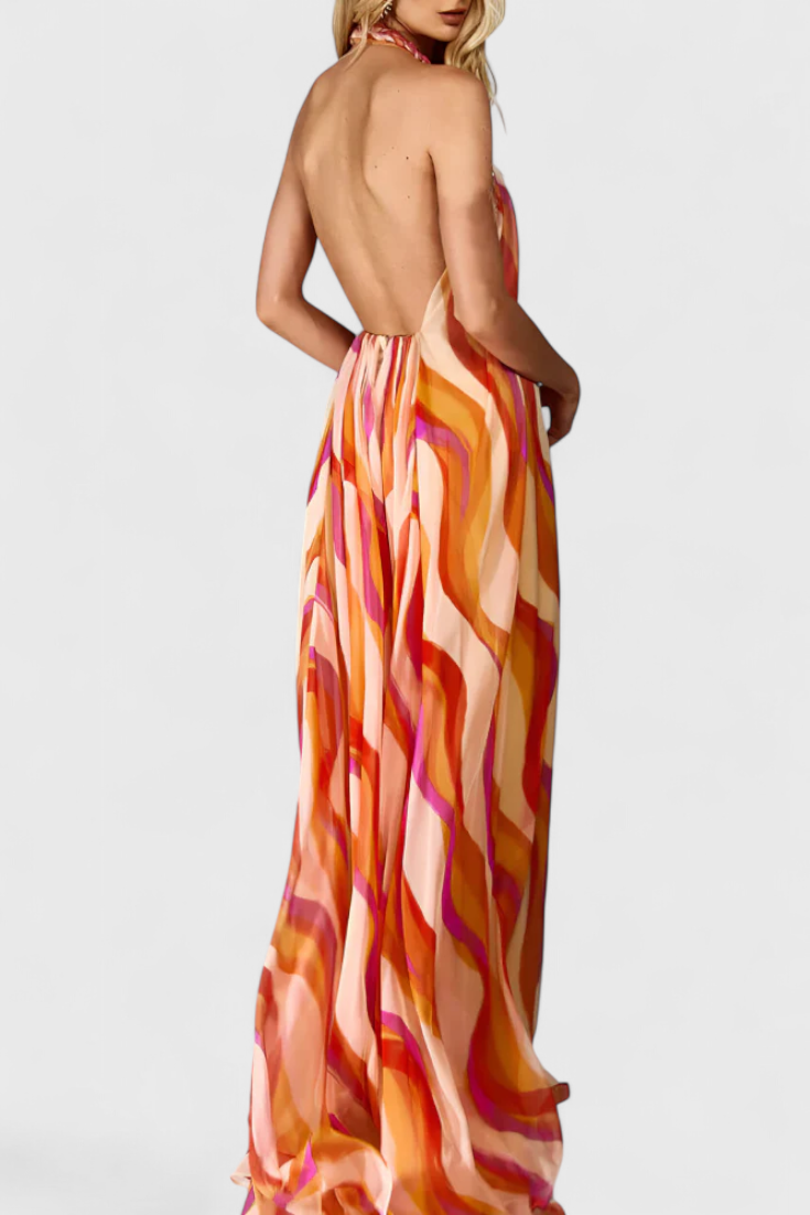 Remi Vestido Maxi Halter con Estampado Ondulado y Trenzado Elegante