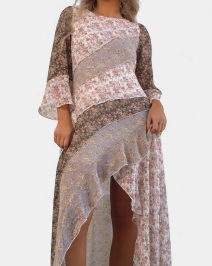 Ruth Vestido Largo Floral con Mangas 3/4 y Paneles Volantes