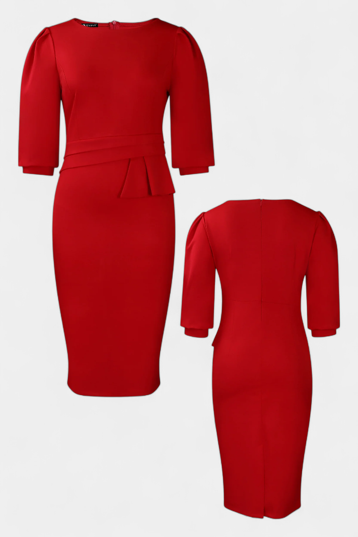 Reanna Vestido Midi Ajustado con Mangas Abullonadas