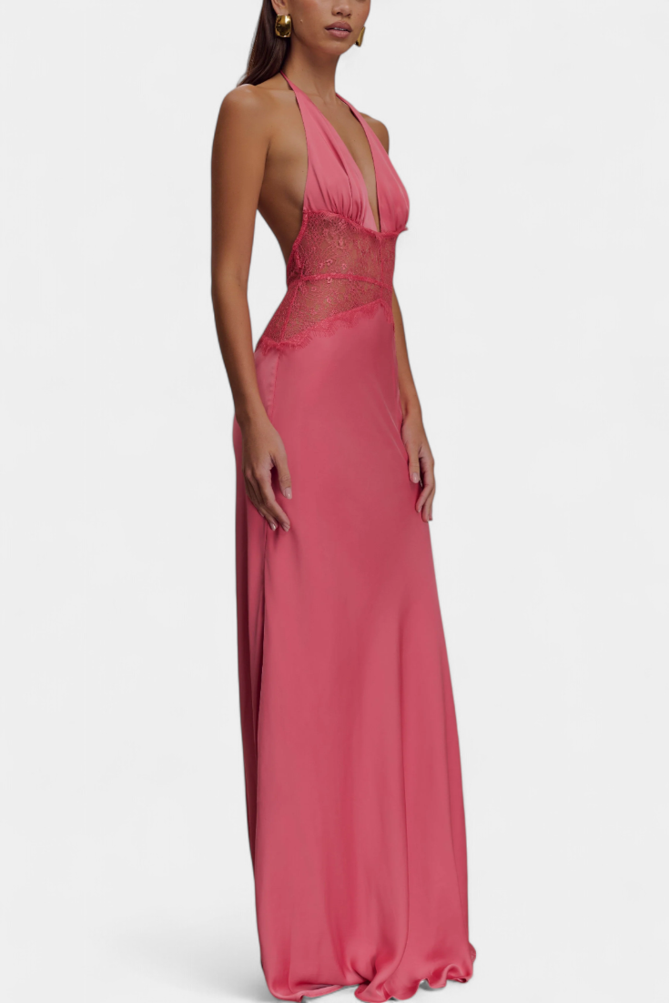 Ashanty Vestido Largo con Escote Halter y Cintura de Encaje Transparente