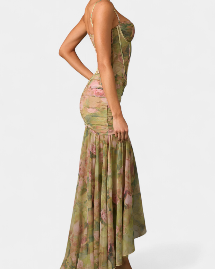 Amryn Vestido Maxi Floral Asimétrico con Volantes