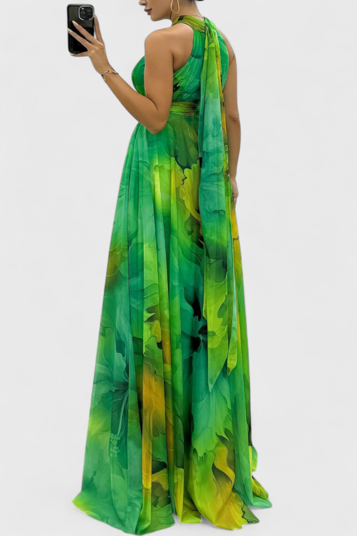 Caprice | Vestido Maxi de Gasa con Estampado Floral y Cuello Halter