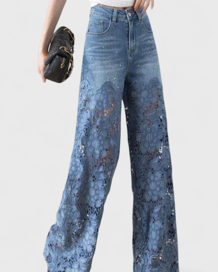 Jasiel | Pantalón Palazzo de Encaje Denim con Bordado Floral