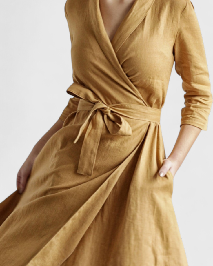 Sharon Vestido Midi Vintage de Algodón y Lino con Cuello de Solapa