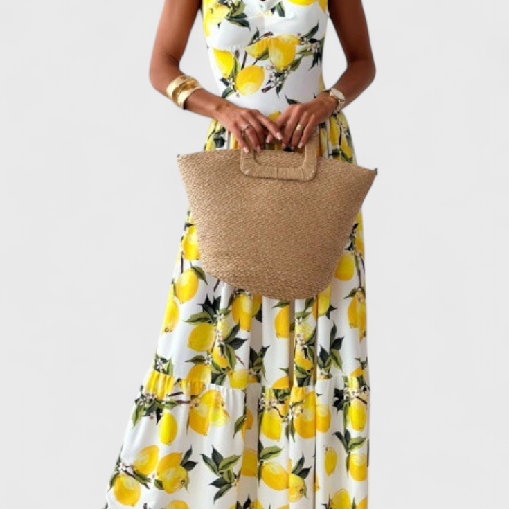 Huda Vestido Maxi Estampado de Limones con Tirantes y Abertura Lateral