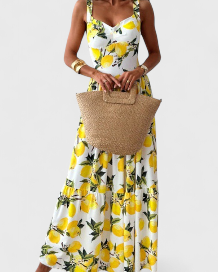 Huda Vestido Maxi Estampado de Limones con Tirantes y Abertura Lateral