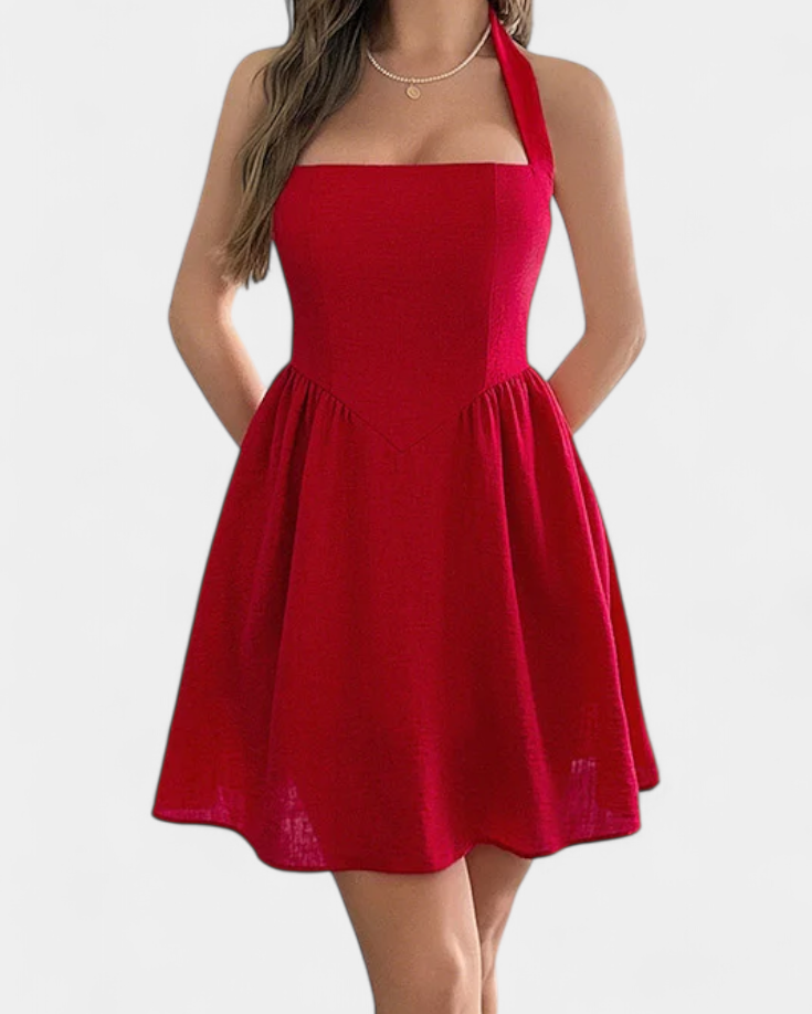 Kassandra Vestido Mini Halter con Espalda Abierta y Silueta Evasé