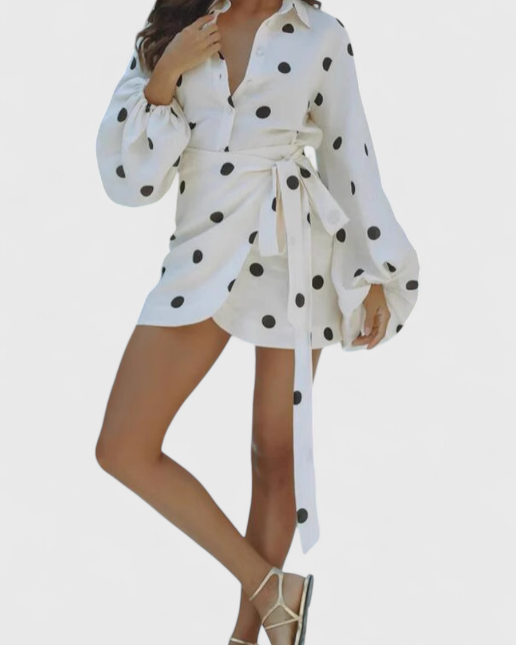 Romara Vestido Mini de Lunares con Manga Larga y Cintura Entallada