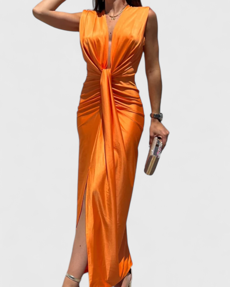 Lakisha Vestido Midi Fruncido con Escote Profundo
