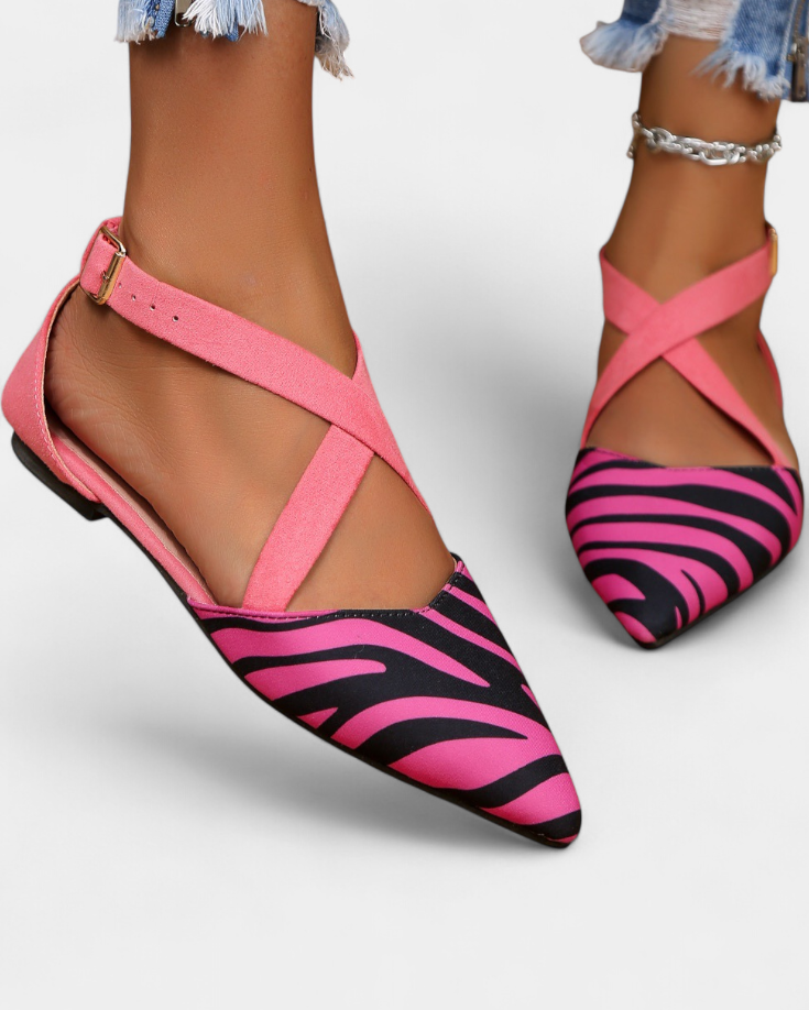 Fenna Bailarinas con Estampado de Cebra y Tiras Cruzadas