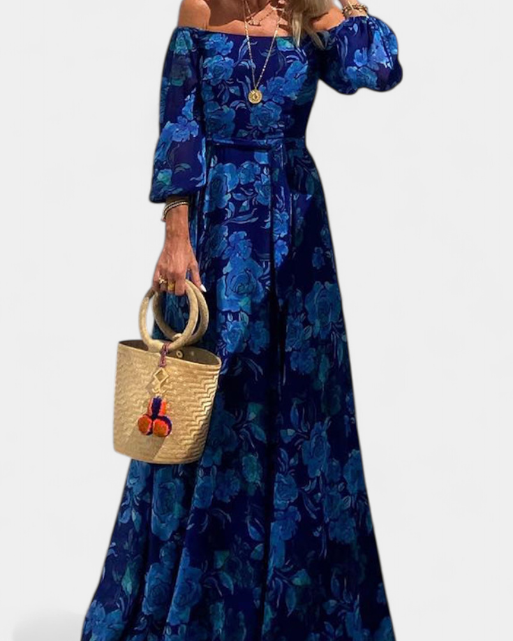Davina Vestido Largo Off-Shoulder con Estampado Floral Romántico