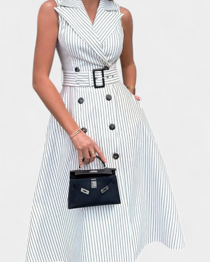 Diana Vestido Camisero Midi a Rayas con Cintura Anudada