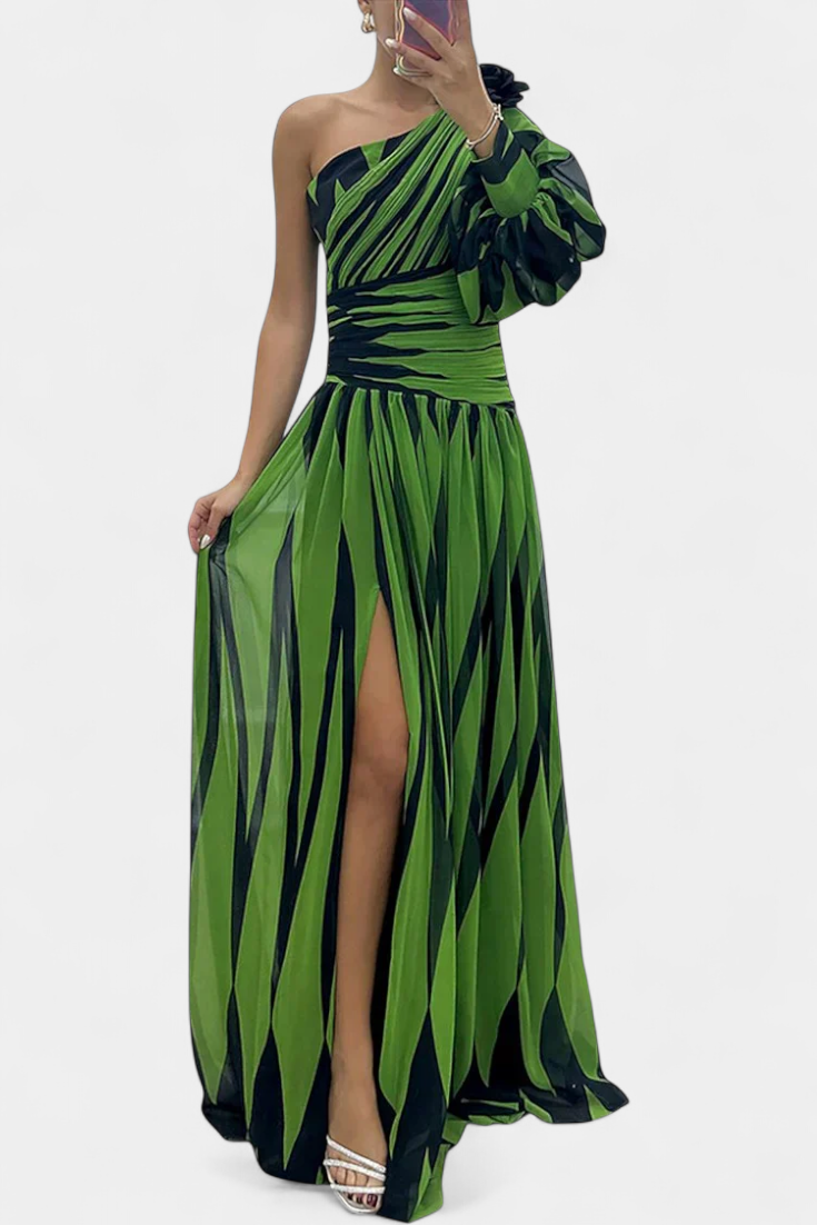 Bethania | Vestido Maxí Elegante de Rayas con Un Solo Hombro