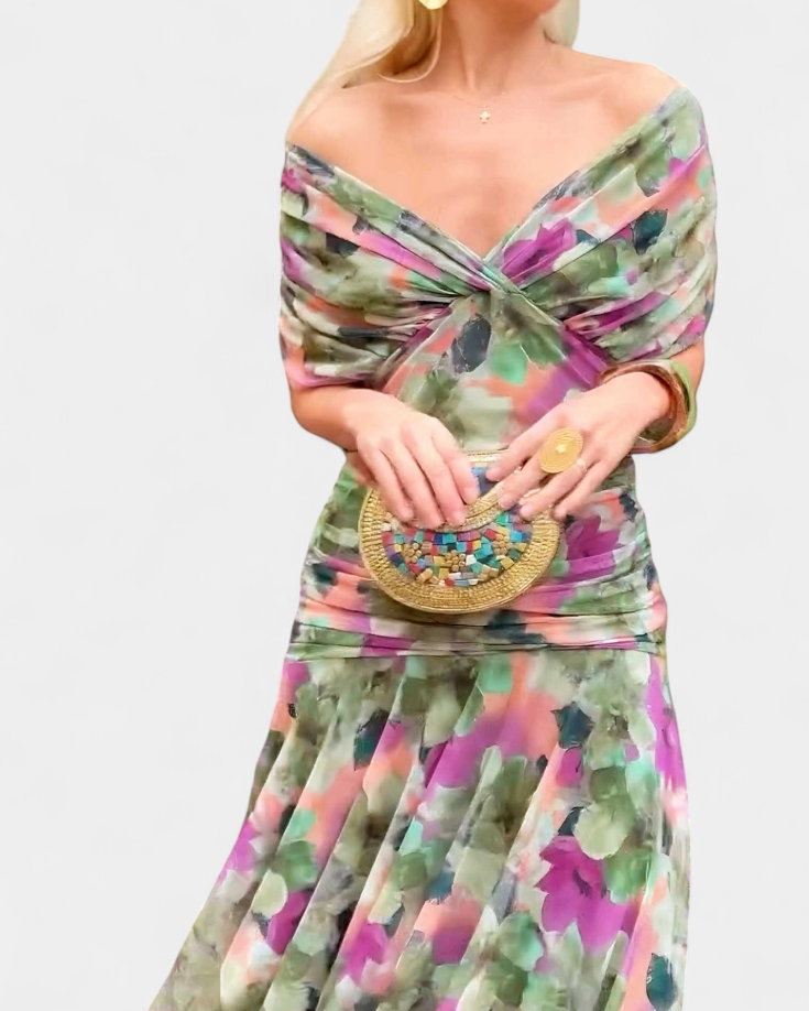 Vestido Largo Floral con Escote en V y Elegancia Romántica
