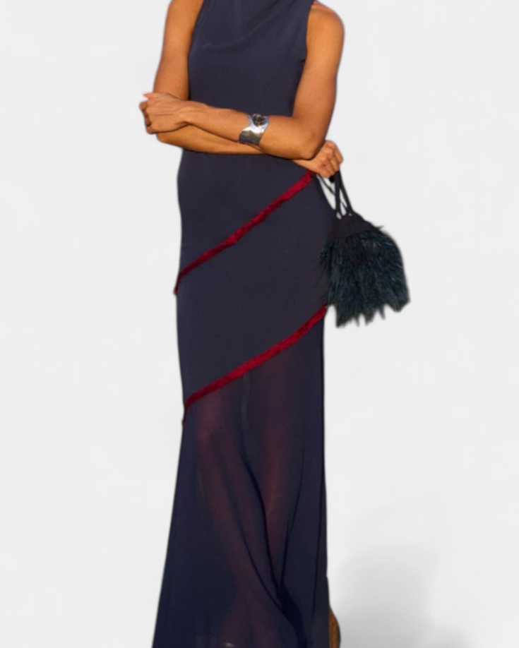 Orfila Vestido Midi Bodycon con Gasa y Flecos a Contraste