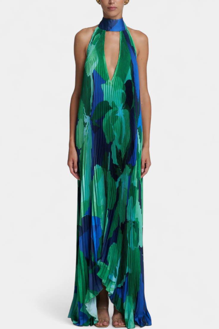 Gisella Vestido Largo Plisado con Escote Halter y Movimiento Elegante
