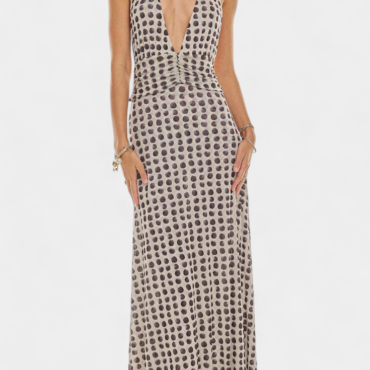 Melodía Vestido Maxi de Lunares con Escote Halter y Cintura Fruncida
