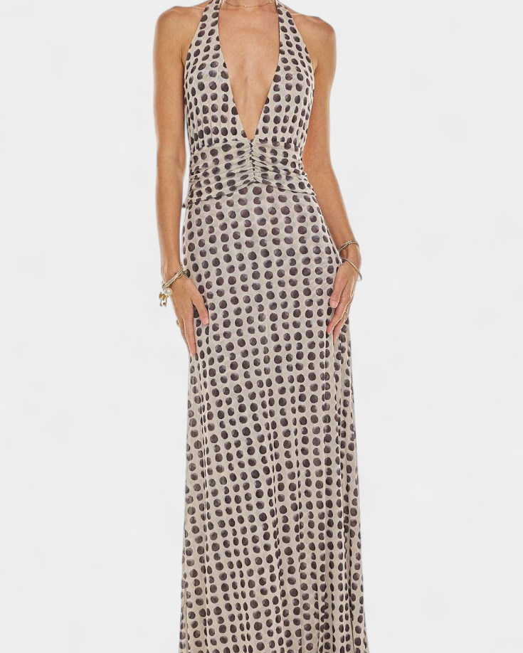 Melodía Vestido Maxi de Lunares con Escote Halter y Cintura Fruncida