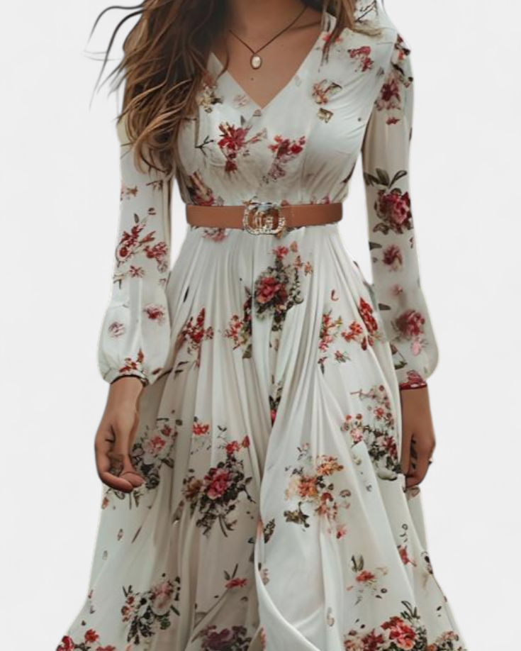 Amanda Vestido Maxi Floral con Cuello en V y Mangas Largas