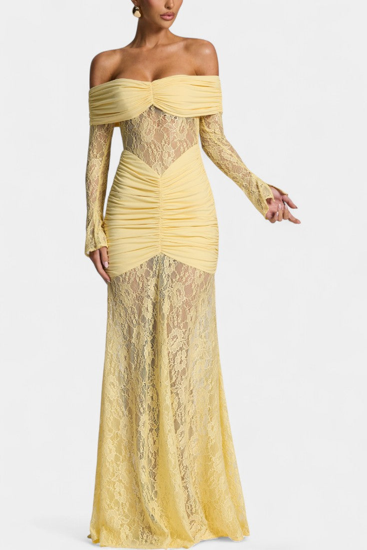 Bruma Vestido Maxi de Encaje con Ruches sin Tirantes