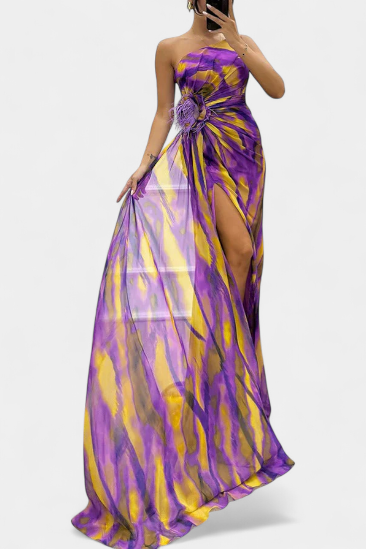 Aylin Vestido Maxi Asimétrico con Estampado Vibrante