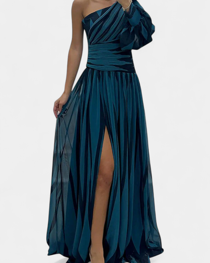 Bethania | Vestido Maxí Elegante de Rayas con Un Solo Hombro