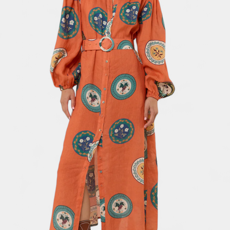 Sibley Vestido Maxi de Lino con Estampado Exclusivo y Cinturón