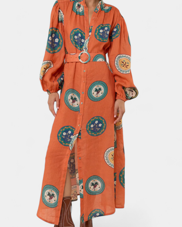 Sibley Vestido Maxi de Lino con Estampado Exclusivo y Cinturón