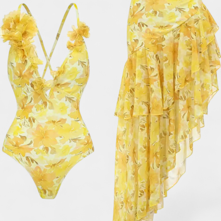 Ahria | Bañador Entero Floral con Lirios Amarillos y Vestido a Juego