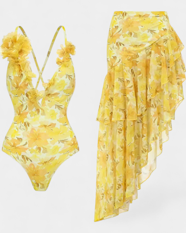 Ahria | Bañador Entero Floral con Lirios Amarillos y Vestido a Juego