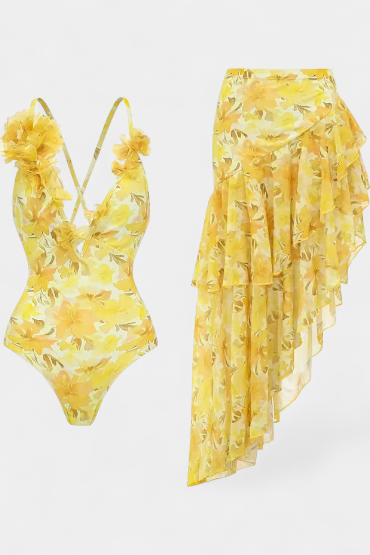 Ahria | Bañador Entero Floral con Lirios Amarillos y Vestido a Juego