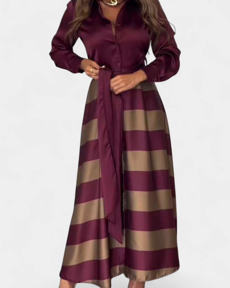 Nessia Vestido Camisero Largo a Rayas con Cinturón