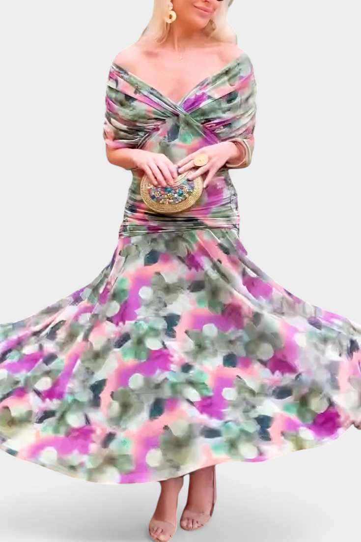 Vestido Largo Floral con Escote en V y Elegancia Romántica