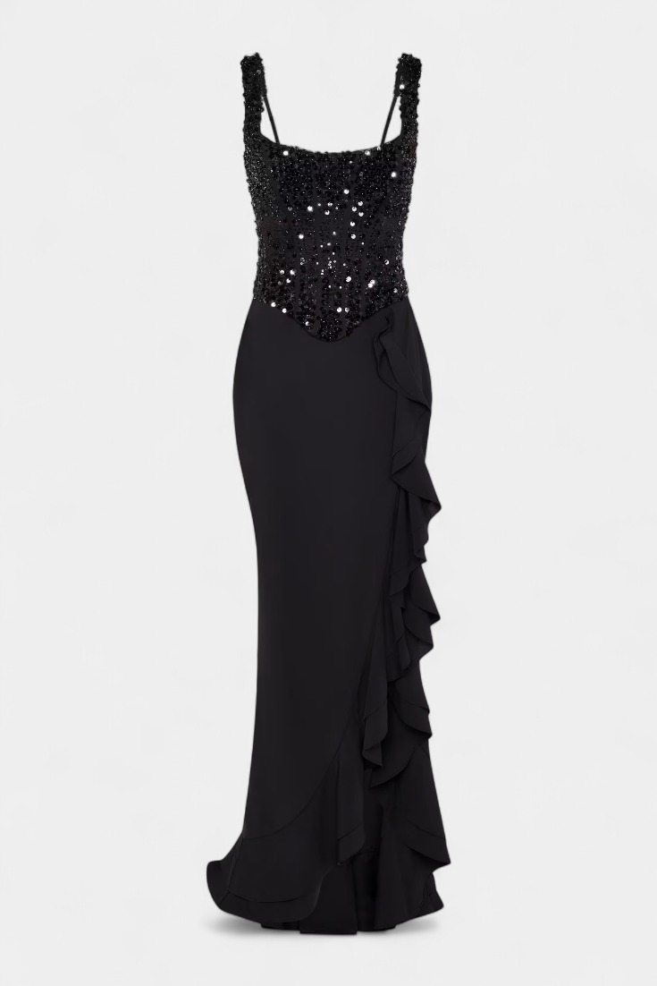 Cindy Vestido Midi Corsé con Volantes Asimétricos