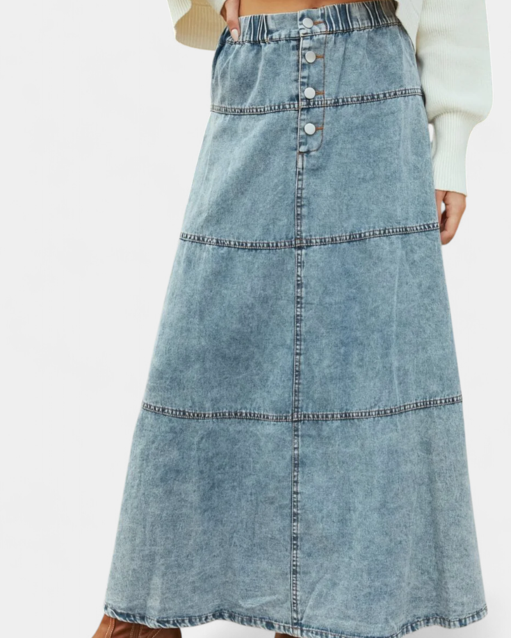 Lorraine Falda Maxi de Denim con Detalle de Pluma