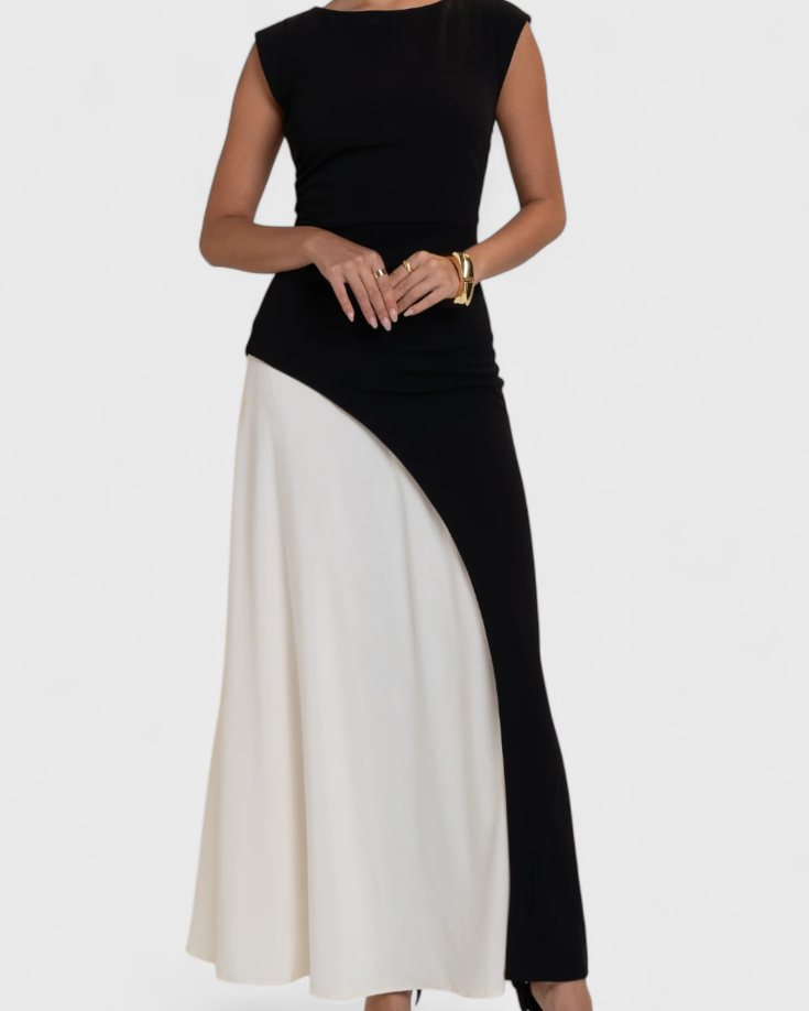 Mallory Vestido Midi Bicolor de Corte Recto y Silueta Definida
