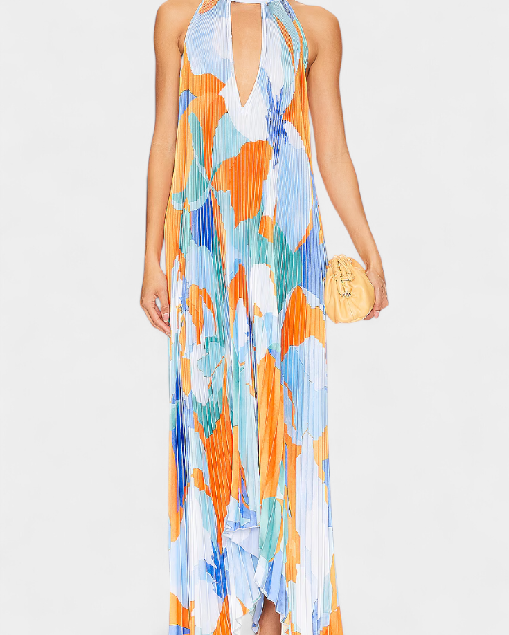 Gisella Vestido Largo Plisado con Escote Halter y Movimiento Elegante
