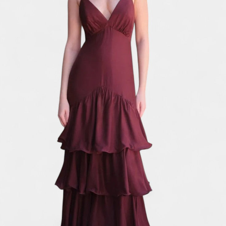 Atlana Vestido Maxi Burdeos con Volantes en Capas
